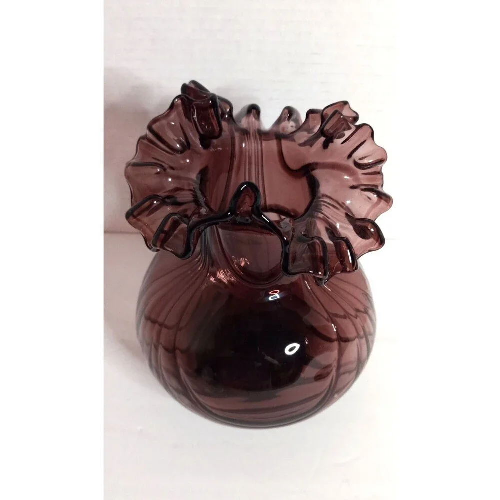 Vintage Hand Blown Amethyst Glass Vase.Ruffled Lip Melon Base